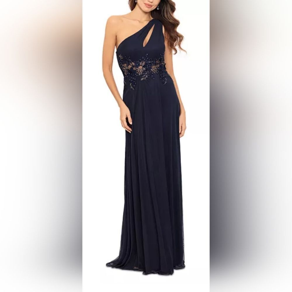 Betsy & Adam Navy One-Shoulder Embellished Prom Gown